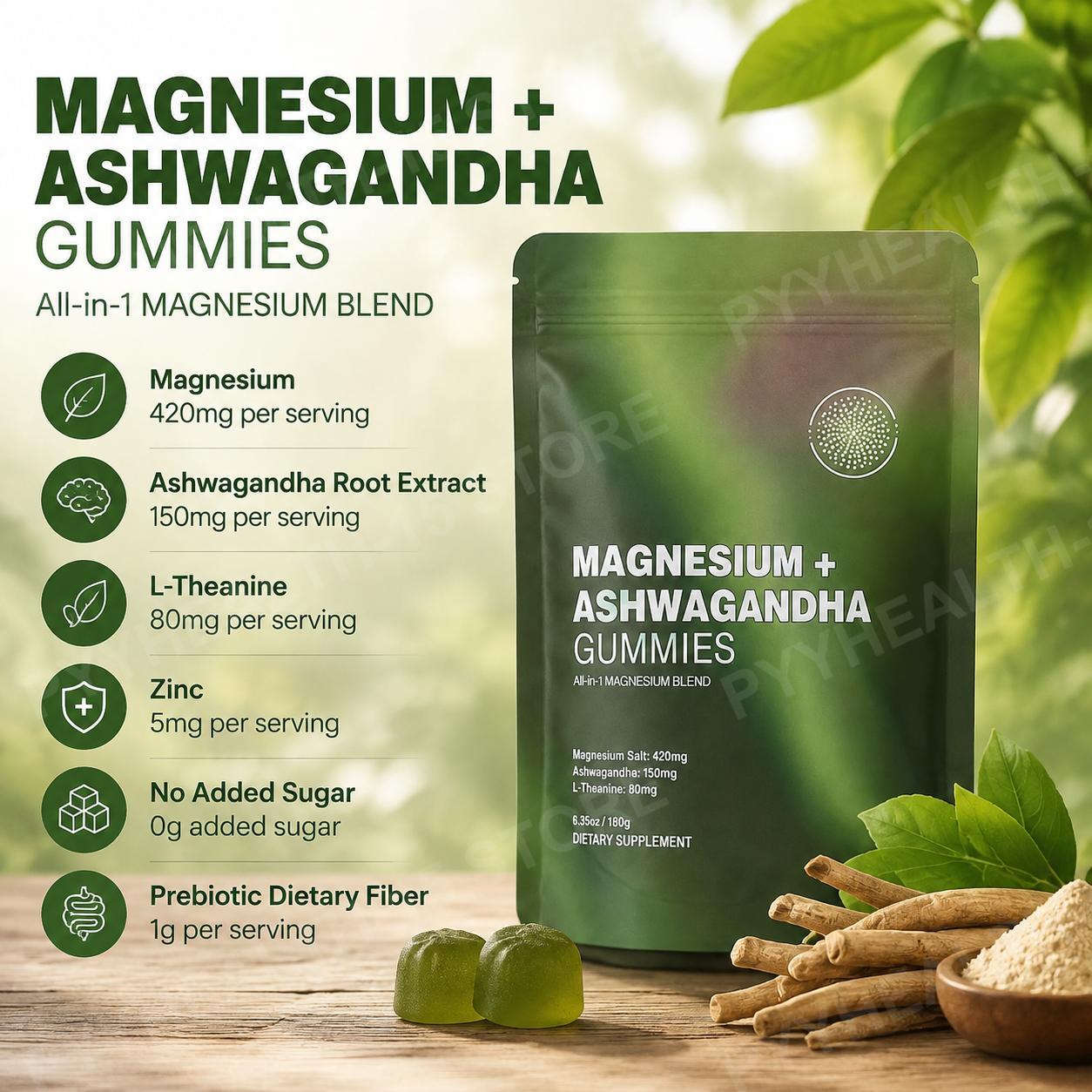 Ashwagandha Extract Root - Permen Karet Magnesium + Ashwagandha dengan